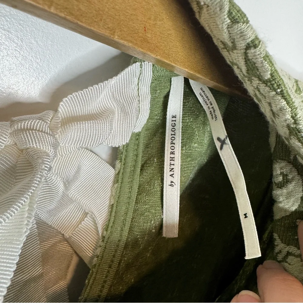 Anthropologie Puff Sleeve Turtleneck Jacquard Top Green Floral Ribbon Medium